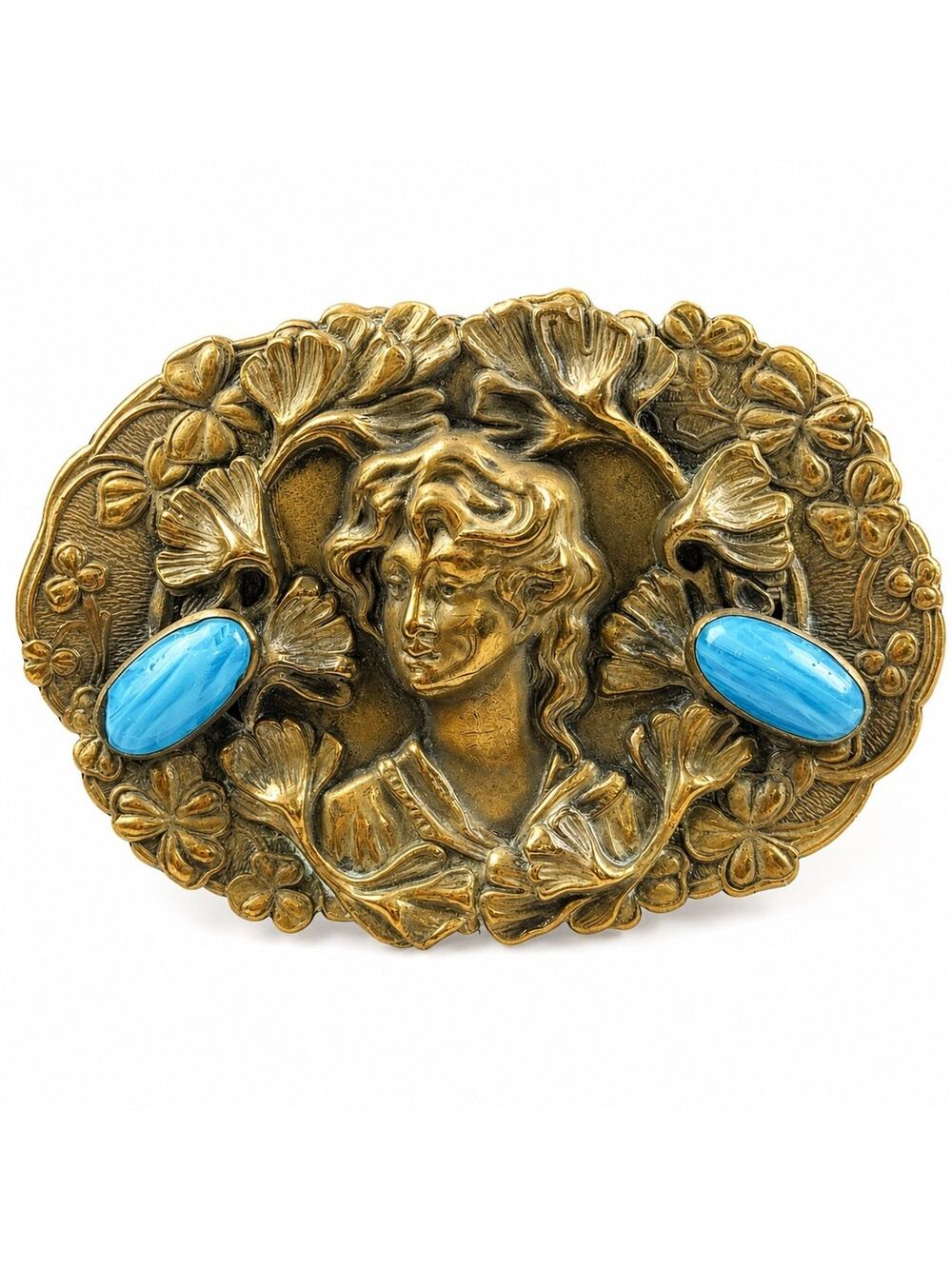 VTG Art Nouveau Revival Repousse Maiden Sash Pin Brooch Ginkgo Faux Turquoise